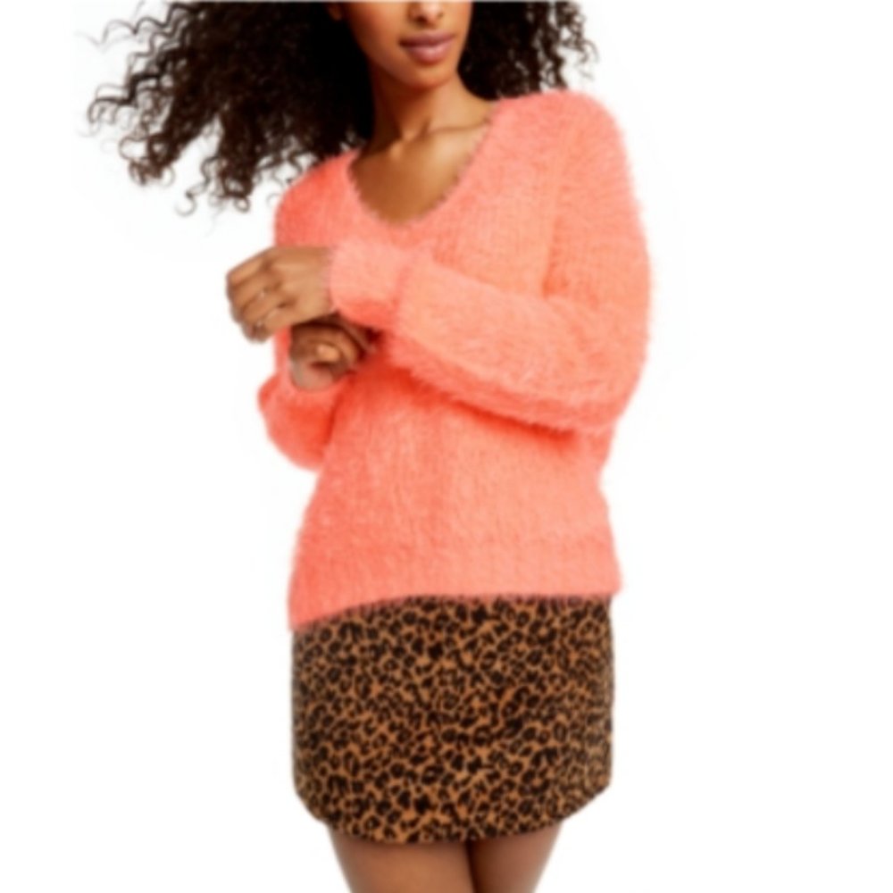 NEW Freshman Eyelash Fuzzy Chenille Sweater Mango
